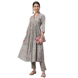 Buy Upto 80% Off On Women's Sea Green Cotton Floral Print Kurta with Pant